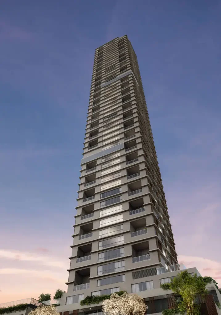 City Park Royal: torre residencial cinza vista de baixo ao entardecer, com jardins na base